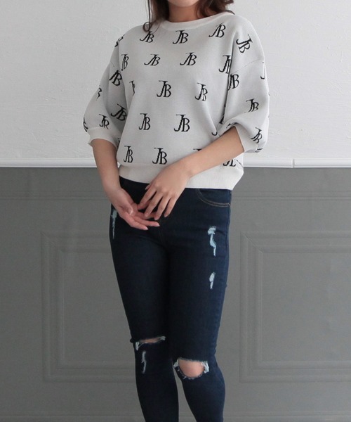 Julia Boutique(ジュリアブティック)の「JBロゴ柄五分袖ニットトップス/22151(ニット/セーター・レディース・ブラック/ホワイト/ベージュ/ピンク・ONE)」の10枚目の写真