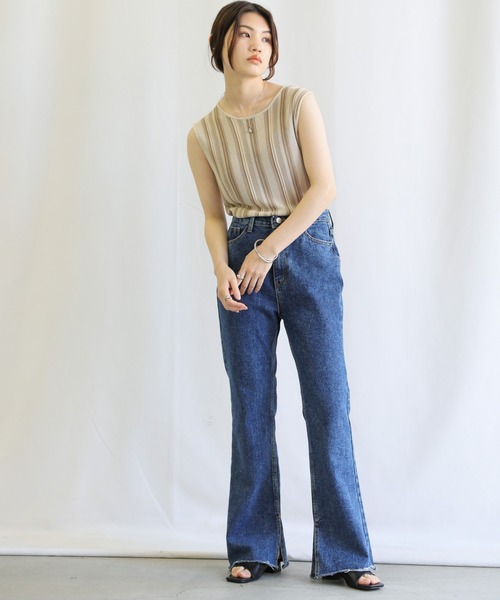 select MOCA（セレクトモカ）の「クルーネックマルチストライプサマーニットタンクトップ（タンクトップ・レディース・ブラック/グリーン/ライトベージュ・FREE）」の19枚目の写真