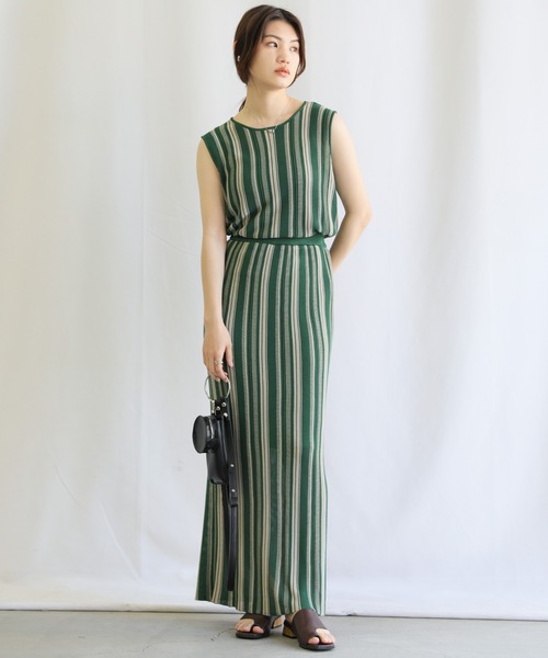 select MOCA（セレクトモカ）の「クルーネックマルチストライプサマーニットタンクトップ（タンクトップ・レディース・ブラック/グリーン/ライトベージュ・FREE）」の13枚目の写真