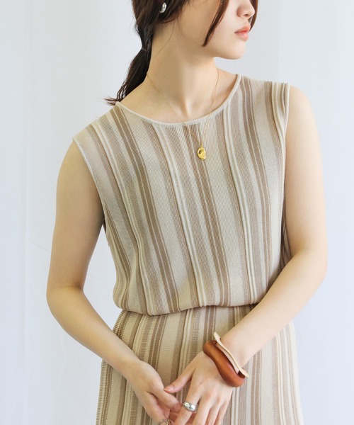 select MOCA（セレクトモカ）の「クルーネックマルチストライプサマーニットタンクトップ（タンクトップ・レディース・ブラック/グリーン/ライトベージュ・FREE）」の16枚目の写真