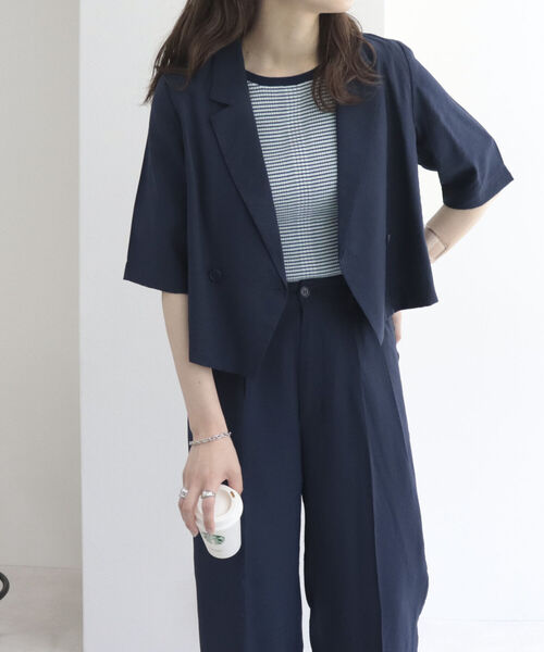 fredy emue（フレディエミュ）の「シワ加工 クロップド丈　ショートジャケット（テーラードジャケット・レディース・ネイビー/ミント・38）」の10枚目の写真