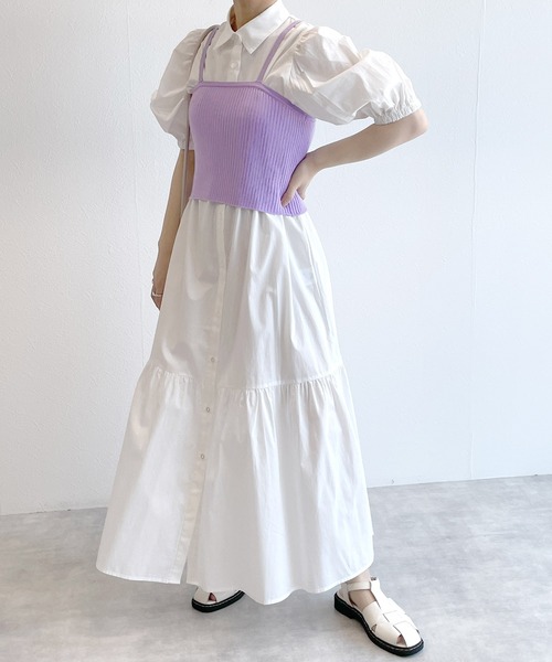 w closet(ダブルクローゼット)の「【マルチウェイ】ニットビスチェ&シャツワンピースSET(シャツワンピース・レディース・ホワイト×ブラック/ラベンダー/ピンク/ストライプ・FREE)」の2枚目の写真