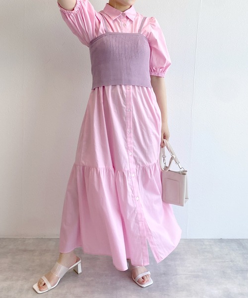 w closet(ダブルクローゼット)の「【マルチウェイ】ニットビスチェ&シャツワンピースSET(シャツワンピース・レディース・ホワイト×ブラック/ラベンダー/ピンク/ストライプ・FREE)」の3枚目の写真