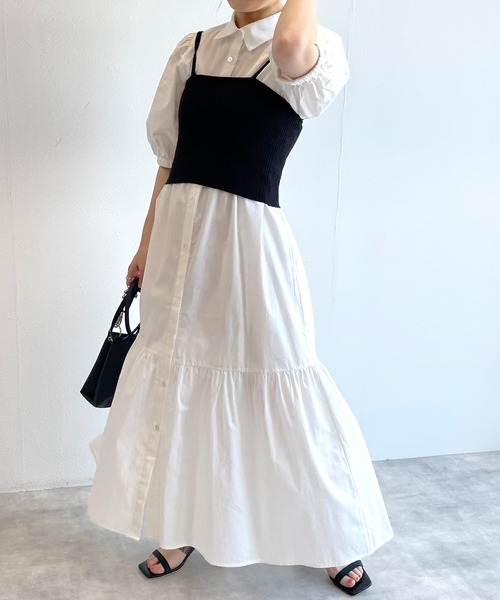 w closet(ダブルクローゼット)の「【マルチウェイ】ニットビスチェ&シャツワンピースSET(シャツワンピース・レディース・ホワイト×ブラック/ラベンダー/ピンク/ストライプ・FREE)」の5枚目の写真