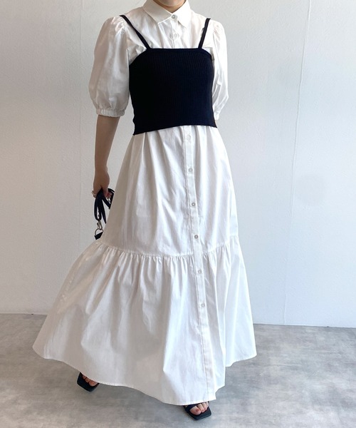 w closet(ダブルクローゼット)の「【マルチウェイ】ニットビスチェ&シャツワンピースSET(シャツワンピース・レディース・ホワイト×ブラック/ラベンダー/ピンク/ストライプ・FREE)」の9枚目の写真