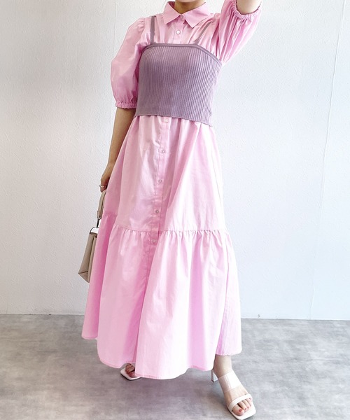 w closet(ダブルクローゼット)の「【マルチウェイ】ニットビスチェ&シャツワンピースSET(シャツワンピース・レディース・ホワイト×ブラック/ラベンダー/ピンク/ストライプ・FREE)」の18枚目の写真