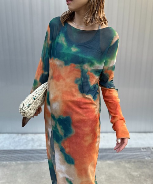 mi via loca（ミヴィアロカ）の「チュールタイダイレイヤードワンピース（ワンピース・レディース・レッド/グリーン/グレー・FREE）」の4枚目の写真