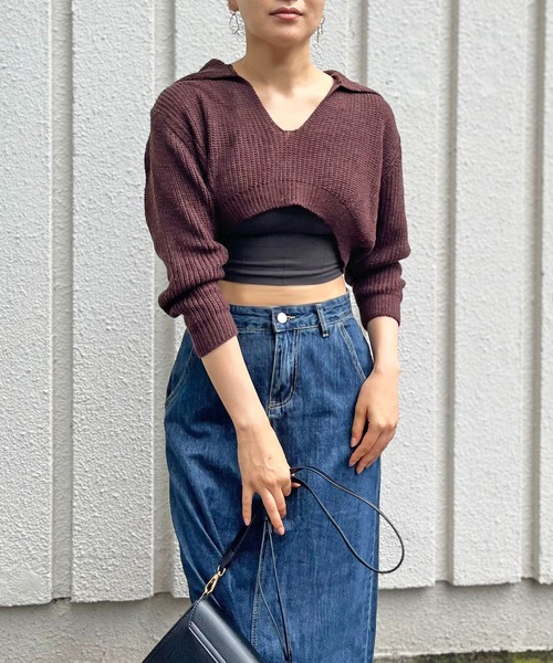 Jewelobe(ジュエローブ)の「ポロカラーUネック変形ショートプルオーバー(ニット/セーター・レディース・アイボリー/ベージュ/ブラウン・FREE)」の3枚目の写真