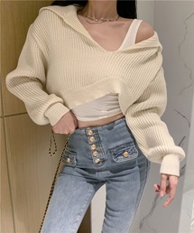 ポロカラーUネック変形ショートプルオーバー