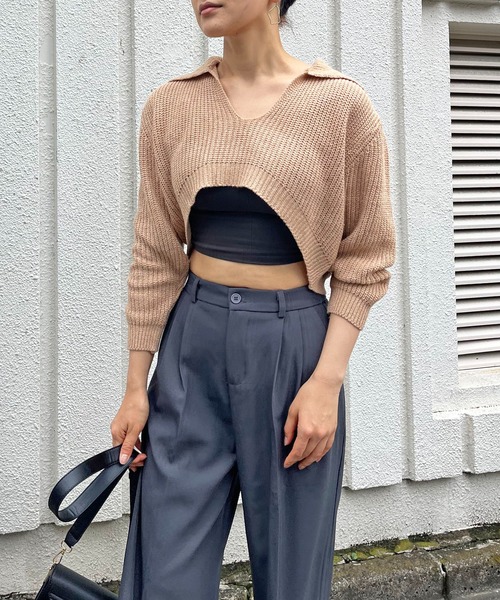 Jewelobe(ジュエローブ)の「ポロカラーUネック変形ショートプルオーバー(ニット/セーター・レディース・アイボリー/ベージュ/ブラウン・FREE)」の14枚目の写真