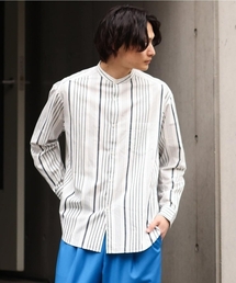 ストライプ柄バンドカラーワイドシャツ