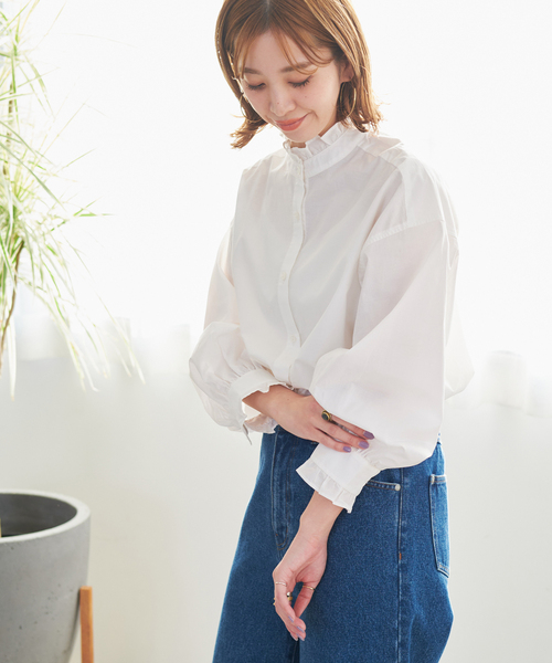 B.C STOCK(ベーセーストック)の「スタンドフリルブラウス(シャツ/ブラウス・レディース・ピンク/グリーン/ホワイト/ブルー・FREE)」の5枚目の写真