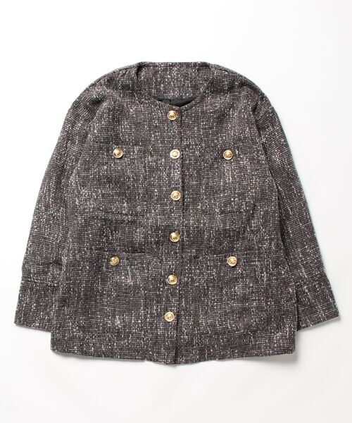 KOBE LETTUCE（コウベレタス）の「ゴールドボタンツイードジャケット（ノーカラージャケット・レディース・ブラック/オフホワイト・FREE）」の13枚目の写真