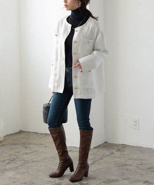 KOBE LETTUCE（コウベレタス）の「ゴールドボタンツイードジャケット（ノーカラージャケット・レディース・ブラック/オフホワイト・FREE）」の7枚目の写真