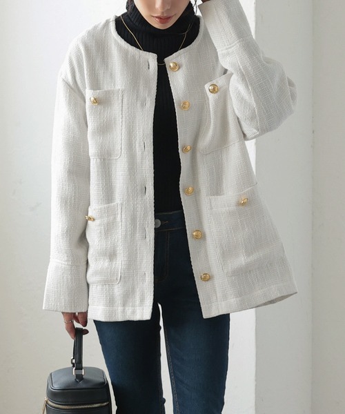 KOBE LETTUCE（コウベレタス）の「ゴールドボタンツイードジャケット（ノーカラージャケット・レディース・ブラック/オフホワイト・FREE）」の8枚目の写真