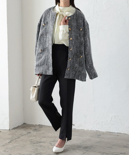KOBE LETTUCE（コウベレタス）の「ゴールドボタンツイードジャケット（ノーカラージャケット・レディース・ブラック/オフホワイト・FREE）」の9枚目の写真