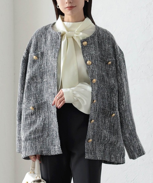 KOBE LETTUCE（コウベレタス）の「ゴールドボタンツイードジャケット（ノーカラージャケット・レディース・ブラック/オフホワイト・FREE）」の10枚目の写真