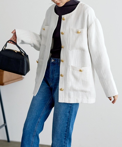 KOBE LETTUCE（コウベレタス）の「ゴールドボタンツイードジャケット（ノーカラージャケット・レディース・ブラック/オフホワイト・FREE）」の5枚目の写真