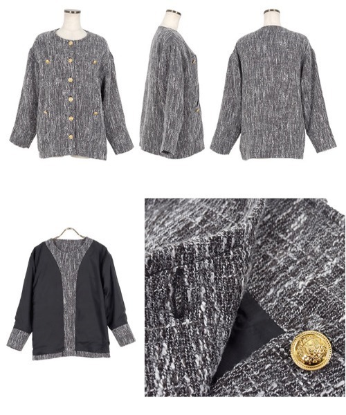 KOBE LETTUCE（コウベレタス）の「ゴールドボタンツイードジャケット（ノーカラージャケット・レディース・ブラック/オフホワイト・FREE）」の12枚目の写真