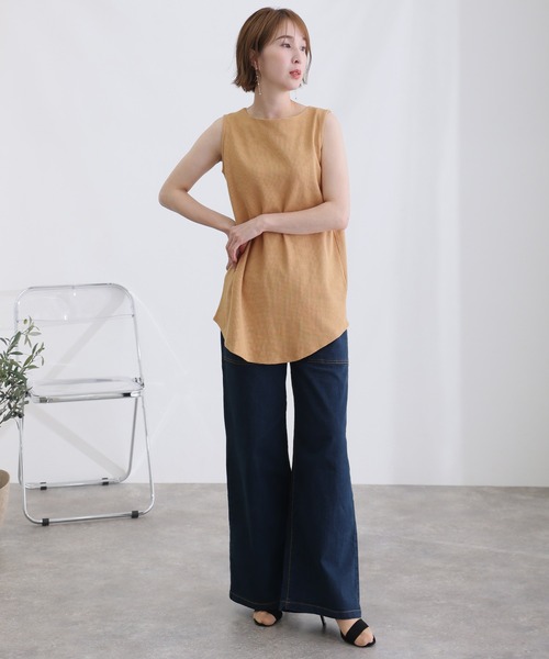 ElegChic(エレグシック)の「ボートネックワッフルタンクトップ(タンクトップ・レディース・ブラック/カーキ/杢グレー/パープル/ネイビー/ホワイト/オレンジ・M/L/XL/3L/4L)」の12枚目の写真