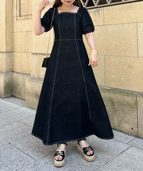 prose verse（プロズヴェール）の「スクエアネックパフスリーブデニムワンピース（ワンピース・レディース・ネイビー/ブルー/ブラック・ﾌﾘ-）」の5枚目の写真