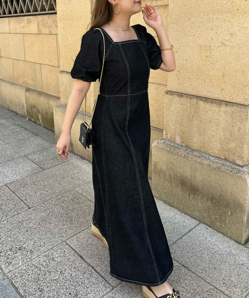 prose verse（プロズヴェール）の「スクエアネックパフスリーブデニムワンピース（ワンピース・レディース・ネイビー/ブルー/ブラック・ﾌﾘ-）」の9枚目の写真