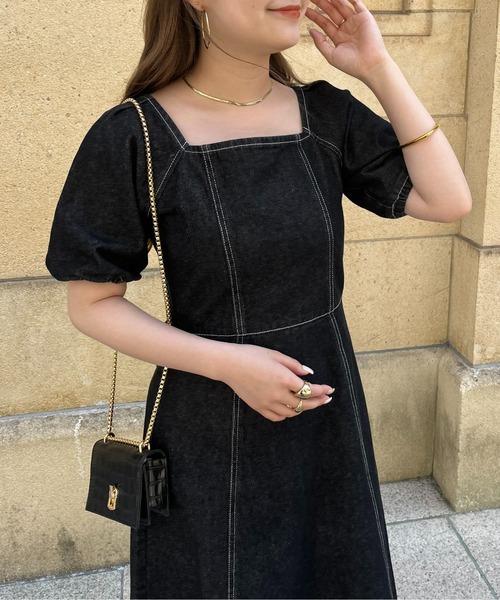 prose verse（プロズヴェール）の「スクエアネックパフスリーブデニムワンピース（ワンピース・レディース・ネイビー/ブルー/ブラック・ﾌﾘ-）」の10枚目の写真