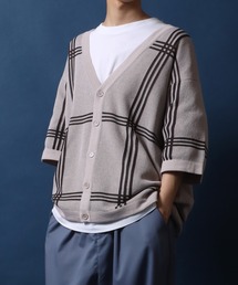 Plaid Pattern Oversized Knit Cardigan/チェック柄 オーバーサイズ 半袖 ニットカーディガン