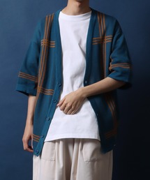 ANPAS | Plaid Pattern Oversized Knit Cardigan/チェック柄 オーバーサイズ 半袖 ニットカーディガン(カーディガン/ボレロ)
