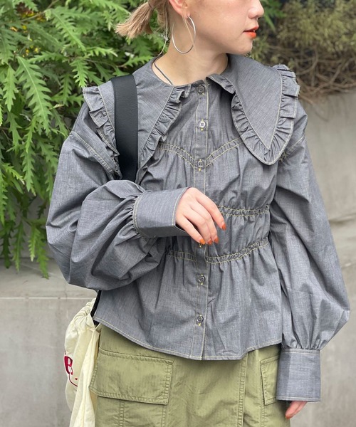 HELLO.SANFRANCISCO(ハローサンフランシスコ)の「【HELLO.SANFRANCISCO/ハローサンフランシスコ】デニム刺繍ビックカラービスチェシャツ(シャツ/ブラウス・レディース・ブルー/ネイビー・FREE)」の9枚目の写真