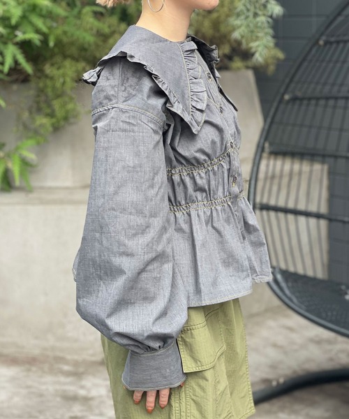 HELLO.SANFRANCISCO(ハローサンフランシスコ)の「【HELLO.SANFRANCISCO/ハローサンフランシスコ】デニム刺繍ビックカラービスチェシャツ(シャツ/ブラウス・レディース・ブルー/ネイビー・FREE)」の14枚目の写真