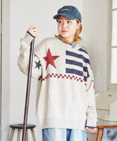 CUBE SUGAR（キューブシュガー）の「アンティークニット星条旗プルオーバー（ニット/セーター・レディース・ネイビー/ナチュラル・M）」の2枚目の写真