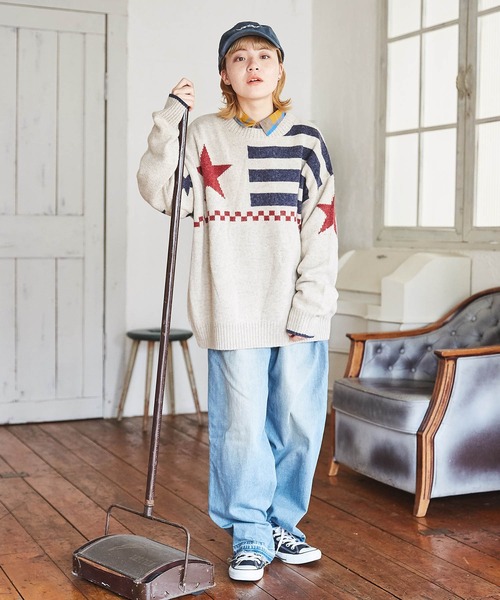 CUBE SUGAR（キューブシュガー）の「アンティークニット星条旗プルオーバー（ニット/セーター・レディース・ネイビー/ナチュラル・M）」の3枚目の写真