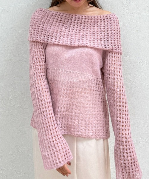 ピンク オフショルダー ニット セーター新品 Olu. ニット セーター メッシュデザインオフショルダーニット