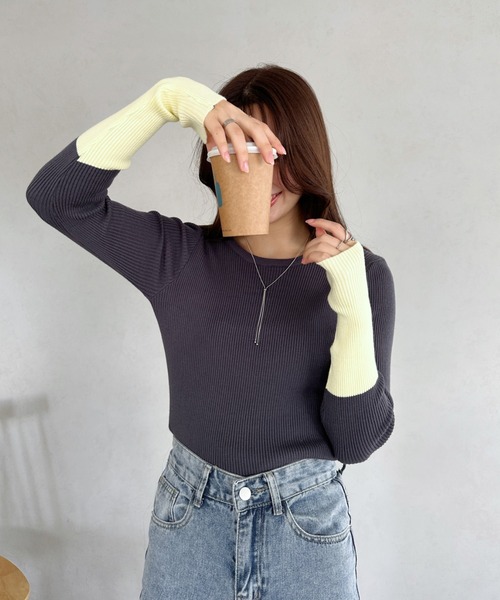 セール】bicolor rib knit tops／バイカラーリブニットクルー