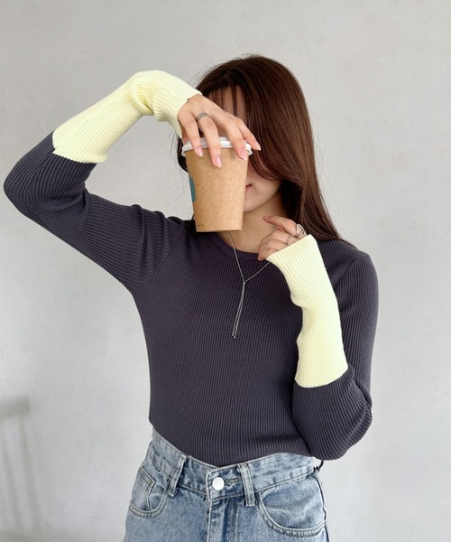ニット セーター BI-COLOR RIB TOP / バイカラーリブトップ レディース セール】bicolor rib knit tops／バイカラーリブニットクルー