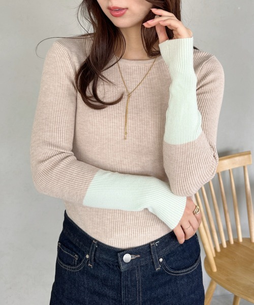 セール】bicolor rib knit tops／バイカラーリブニットクルーネック