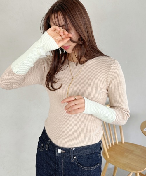 セール】bicolor rib knit tops／バイカラーリブニットクルーネック