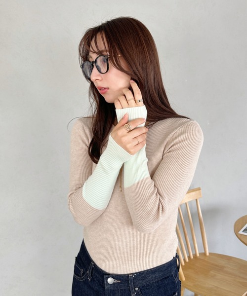セール】bicolor rib knit tops／バイカラーリブニットクルー