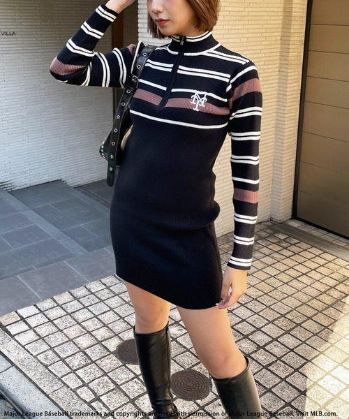 BACK TO THE FIELD（バック トゥー ザ フィールド）の「【MLB】マルチボーダーハーフZIPリブニットワンピース（ワンピース・レディース・グリーン/ネイビー/ブラック・FREE）」の20枚目の写真