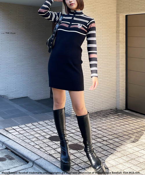 BACK TO THE FIELD（バック トゥー ザ フィールド）の「【MLB】マルチボーダーハーフZIPリブニットワンピース（ワンピース・レディース・グリーン/ネイビー/ブラック・FREE）」の4枚目の写真