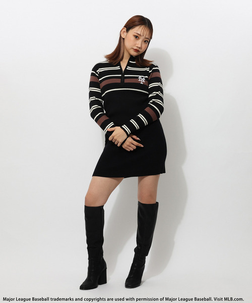 BACK TO THE FIELD（バック トゥー ザ フィールド）の「【MLB】マルチボーダーハーフZIPリブニットワンピース（ワンピース・レディース・グリーン/ネイビー/ブラック・FREE）」の6枚目の写真