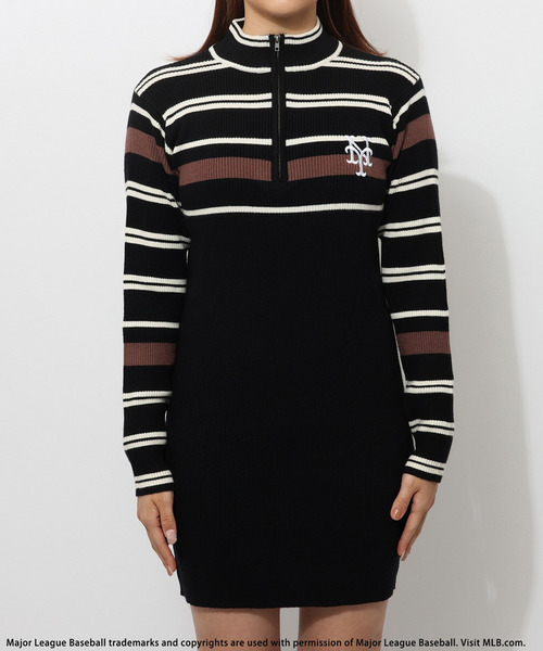 BACK TO THE FIELD（バック トゥー ザ フィールド）の「【MLB】マルチボーダーハーフZIPリブニットワンピース（ワンピース・レディース・グリーン/ネイビー/ブラック・FREE）」の8枚目の写真