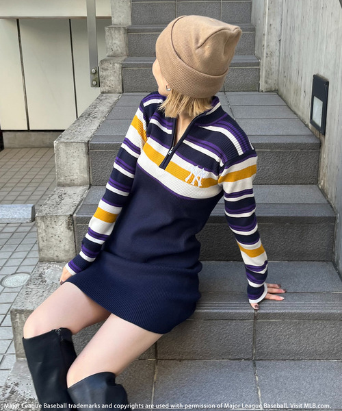 BACK TO THE FIELD（バック トゥー ザ フィールド）の「【MLB】マルチボーダーハーフZIPリブニットワンピース（ワンピース・レディース・グリーン/ネイビー/ブラック・FREE）」の12枚目の写真