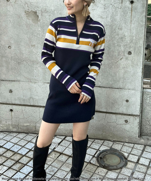 BACK TO THE FIELD（バック トゥー ザ フィールド）の「【MLB】マルチボーダーハーフZIPリブニットワンピース（ワンピース・レディース・グリーン/ネイビー/ブラック・FREE）」の13枚目の写真