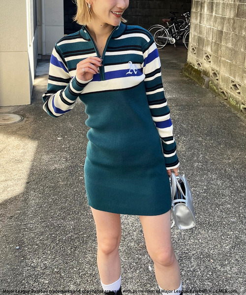 BACK TO THE FIELD（バック トゥー ザ フィールド）の「【MLB】マルチボーダーハーフZIPリブニットワンピース（ワンピース・レディース・グリーン/ネイビー/ブラック・FREE）」の17枚目の写真