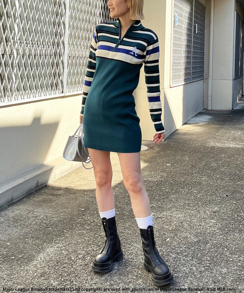 BACK TO THE FIELD（バック トゥー ザ フィールド）の「【MLB】マルチボーダーハーフZIPリブニットワンピース（ワンピース・レディース・グリーン/ネイビー/ブラック・FREE）」の18枚目の写真