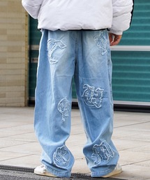 デニム フリンジアップリケ ワイドパンツ / Denim Fringe Applique Wide Pants
