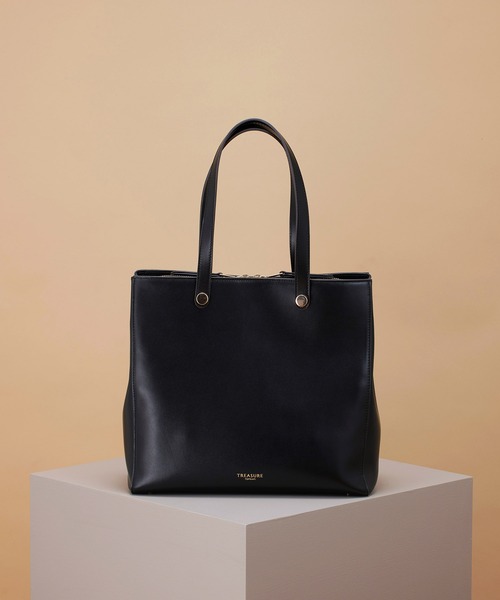 TREASURE TOPKAPI（トレジャートプカピ）の「【TREASURE TOPKAPI】スムースレザー バイカラー ショルダー付き トートバッグ（トートバッグ・レディース・ブラック/ダークブラウン/サックスブルー・FREE）」の2枚目の写真