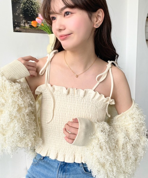 MILK ミルク ピンク キャミソール ポンポン チャーム付き リボン リボンレースカップ付きフラワーキャミソール | ファッション